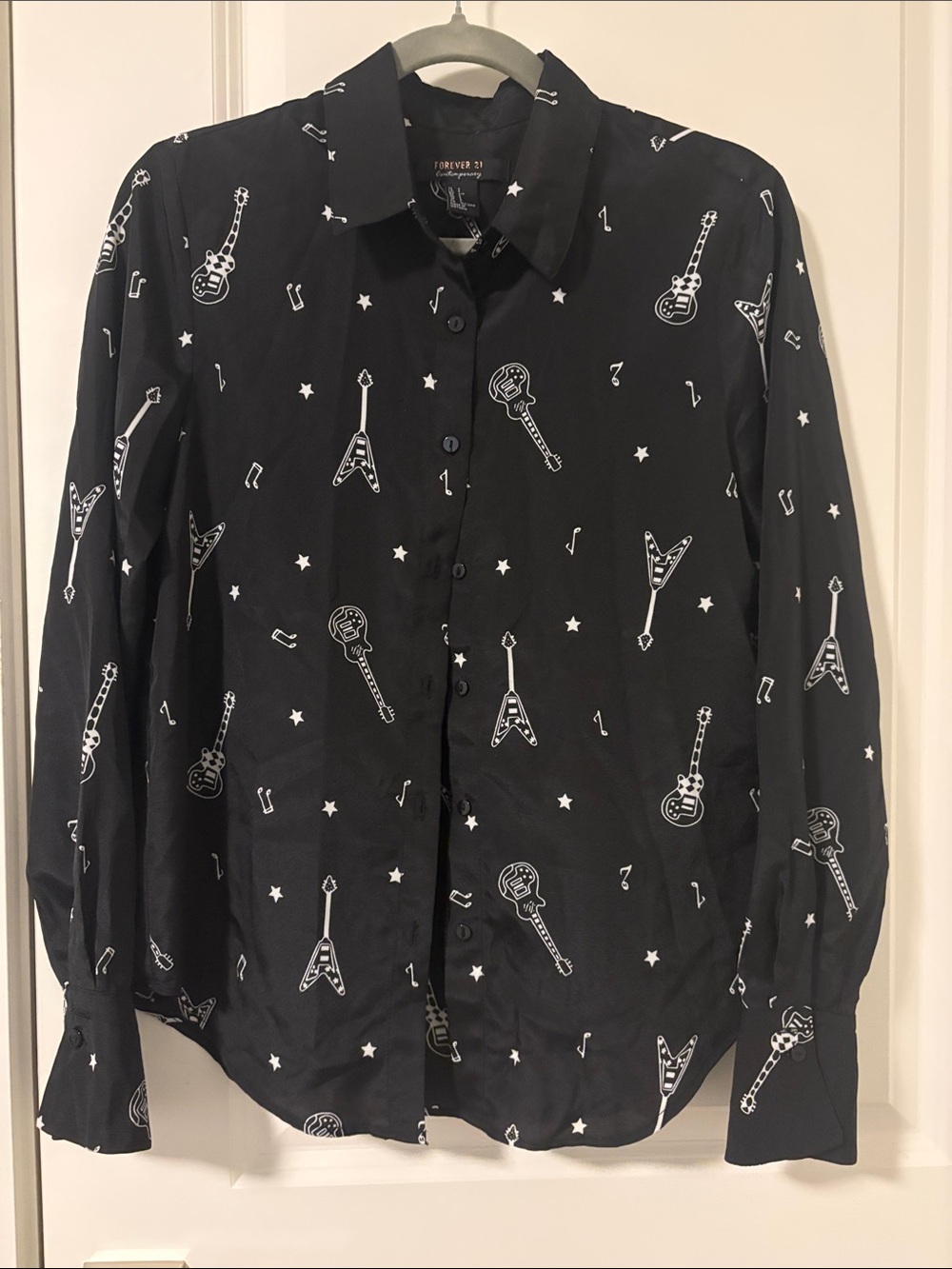 Forever 21 Black Button-Up Shirt with White Guitar & Star Print